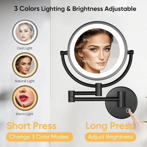 Vista 2 de GURUN Espejo de maquillaje con cableado para montaje en la pared con 3 tonos de luces LED, 10 espejos de aumento para baño, dormitorio, brazo