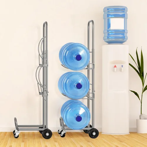 Vista 6 de Soporte para jarra de agua de 5 galones con 4 ruedas, organizador de botellas de agua movible de 3 niveles con ruedas bloqueables, resistente