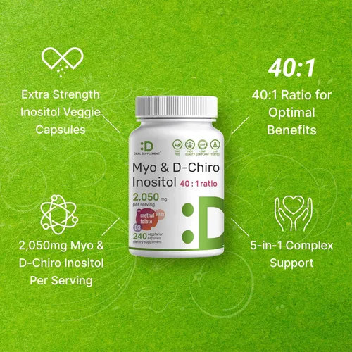 Vista 4 de Suplemento de Myo-Inositol y D-Chiro Inositol para Mujeres (40:1) 2,050 mg por Porción 240 Cápsulas Vegetarianas con Folato, Vitamina D3