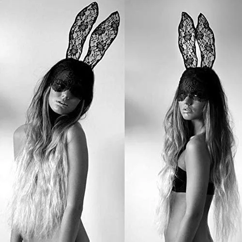 Vista 4 de Tvoip Encantadoras mujeres niñas diademas de encaje conejo orejas sexy velo negro máscara de ojos fiesta de Halloween accesorios para el cabello