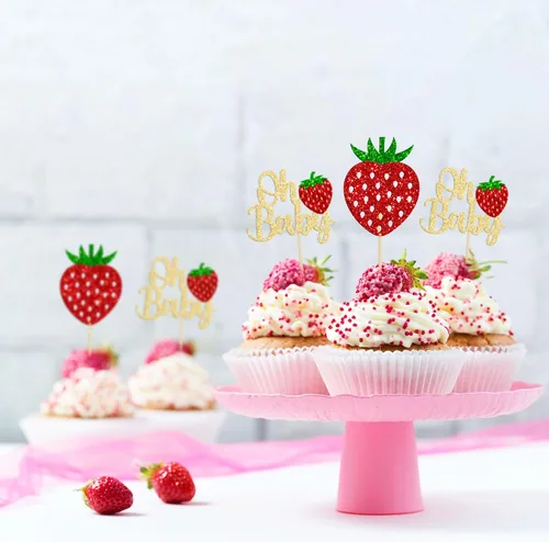 Vista 4 de Paquete de 24 adornos para cupcakes Sweet Oh Baby con purpurina de fresa, selecciones de frutas, baby shower, niños, cumpleaños, bayas, cupcakes