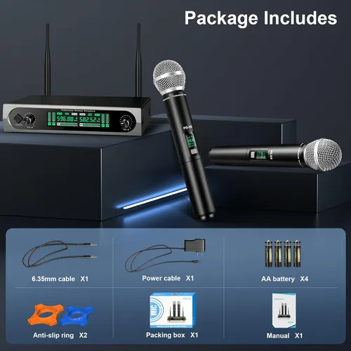 Vista 6 de GDPONRM Sistema de micrófono UHF inalámbrico, con 2 dispositivos de mano, escaneo automático, frecuencias UHF de 2 x 50, rango de 200 pies