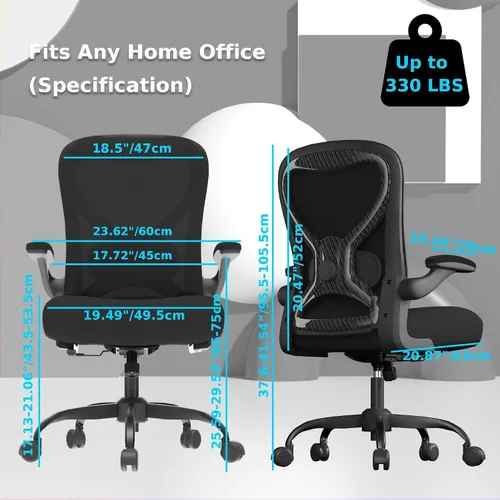 Vista 8 de Silla de escritorio de oficina con soporte lumbar ergonómico, cojín de asiento extra grueso, brazos abatibles, respaldo de malla transpirable, silla