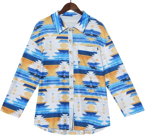 Vista 7 de Trendy Button Down Shirt Women Colorful Pattern Print Long Sleeve Collared Tops Fall Loose Casual Blouses with Pocket