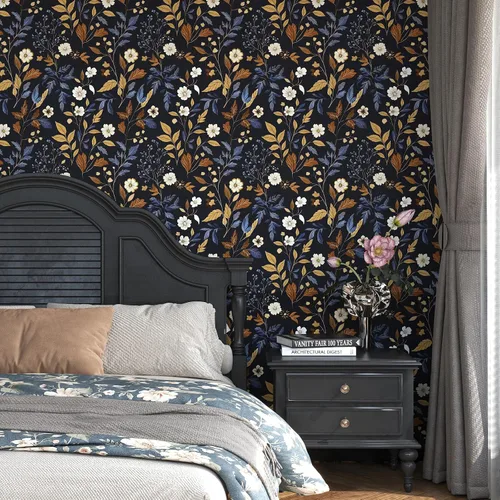 Vista 6 de BOKEBEVE Papel Pintado Vintage de Despegar y Pegar Hojas Papel de Contacto Oro Negro Floral para Estante de Libros Forro de Cajón Amigable
