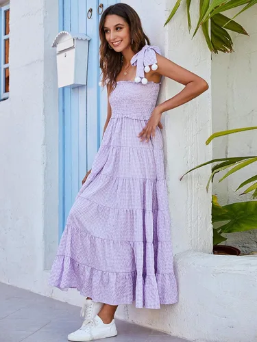 Vista 4 de Floerns - Vestido de verano para mujer estilo bohemio estampado floral con tira de amarre acampanado largo