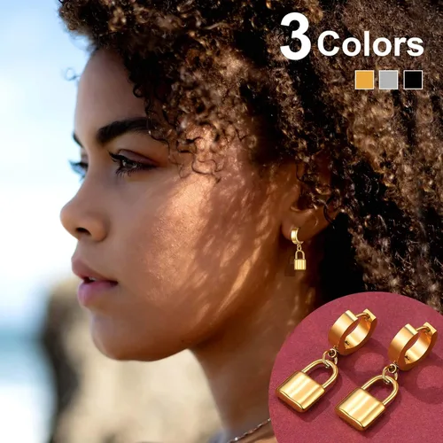 Vista 2 de FaithHeart Aretes de aro Huggie para mujer, acero inoxidable, chapado en oro de 18 quilates, aretes colgantes de gota de AnkhCrossCandkBocina