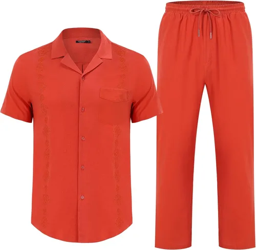Vista 6 de TURETRENDY Conjunto de 2 piezas de lino para hombre, camisa bordada con botones y pantalones sueltos, color rojo ladrillo, talla XXL, Rojo ladrillo