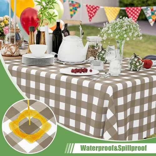 Vista 2 de Smiry Paquete de 3 Manteles Desechables de Cuadros Gingham Color Caqui - 54" x 72" Mantel de Plástico de Servicio Pesado, Cubiertas de Mesa