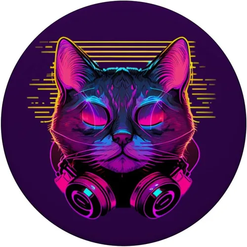 Vista 3 de Synthwave Cyberdelic - Auriculares de DJ de gato de los años 80, arte cibernético, punk, PopSockets intercambiables PopGrip