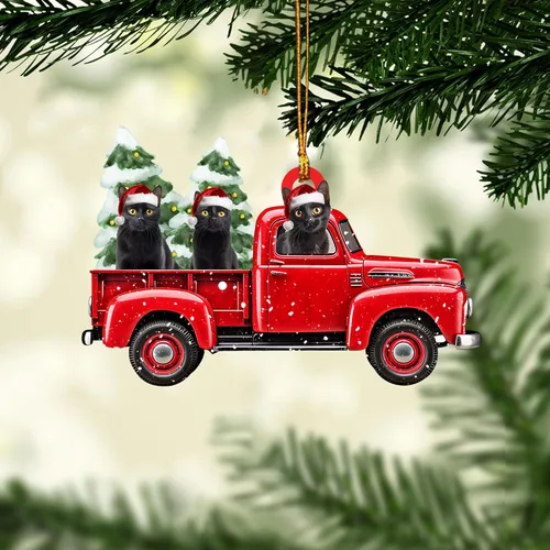 Vista 9 de Talataca Adorno de Navidad plano 2D de gato negro, Gato Negro en bolsa de regalo de Papá Noel rojo, decoración de árbol de pino, colgante de casa 4