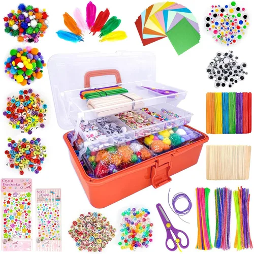 Vista 10 de kortes Suministros de arte y manualidades jumbo para niños, juego de suministros de arte de bricolaje incluye limpiapipas, pompones, plumas, caja