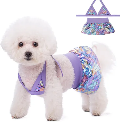 Vista 10 de Bikini para perro, traje de baño de verano para cachorros, ropa de playa, disfraz de gato para cachorro, perro gato (XS, lunares azules)