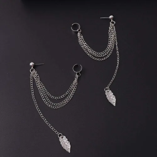 Vista 4 de Las mujeres de la manera pendientes de la hoja penacho colgante larga cadena gota cuelgan pendientes joyería (plata), Metal