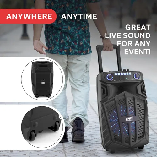 Vista 6 de Pyle 680W Portable Bluetooth PA Speaker - 10" Rechargeable Outdoor Karaoke Speaker, Audio System w/Wireless Mic and Wheels, TWS, Lights, LED