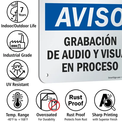 Vista 7 de Aviso: y visual de audio grabación en el Progreso, aviso Audio y grabacio vissual en señal, 10" x 7