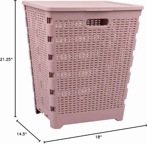 Vista 9 de [Usado] Mind Reader Cesta plegable para ropa sucia de 61 litros, cesta de ropa, tapa, diseño de mimbre, plástico, 18 pulgadas de largo x 14.5 Rosa