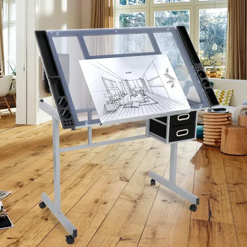 Vista 2 de LEMY Mesa de dibujo ajustable inclinable, escritorio de dibujo para artistas con cajones de almacenamiento y ruedas deslizantes, estación