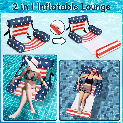 Vista 5 de Paquete de 2 flotadores inflables 2 en 1 para piscina con reposabrazos, tumbonas flotantes de tela para piscina, fideos para adultos, silla flotante