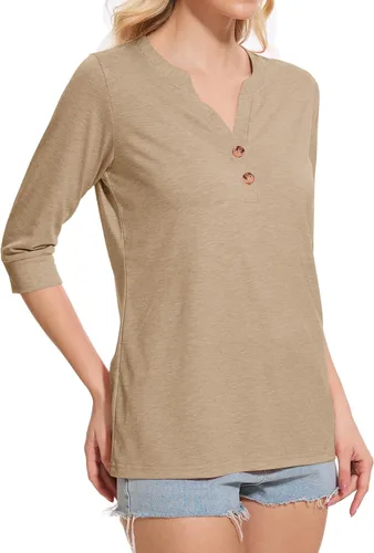 Vista 6 de Dimur Camisetas de manga 3/4 con cuello en V y botones para mujer, traje casual de negocios, camiseta básica de verano 2025