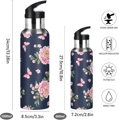 Vista 2 de Pink Peonies Botella de agua aislada de 20 onzas, botella de agua deportiva sin BPA con popote a prueba de fugas