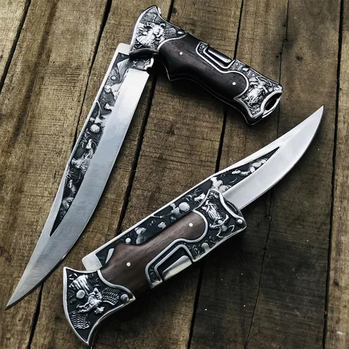 Vista 2 de MADSABRE Cuchillo de cabaña semi plegable grande de 12.7 pulgadas con hoja de 7.9 pulgadas de largo, mango de madera con patrón de relieve 3D