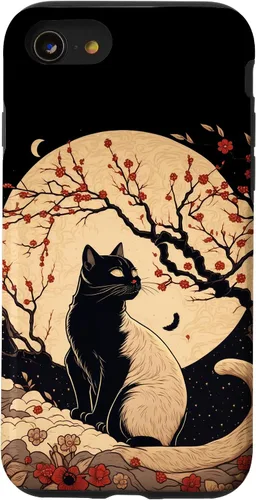 Vista 18 de Kawaii black cat japanese with cherry blossom anime style Case for iPhone 16