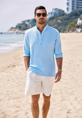 Vista 2 de COOFANDY Camisetas casuales Henley de manga larga para hombre, camisetas hippie de playa, camisetas de yoga y verano