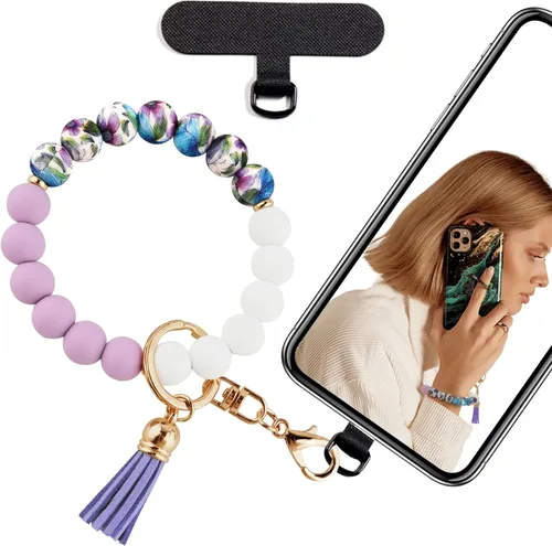 Vista 8 de Correa de silicona con cuentas para mujer, silicona sin BPA Elastic wristlet with tether tab, 12mm BPA-Free silicone beads with printed accents