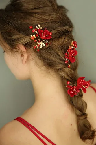 Vista 2 de Accesorio para el pelo de novia, peine de flores rojas con diamantes de imitación y perlas para mujeres, novia, graduación, fiesta, noche