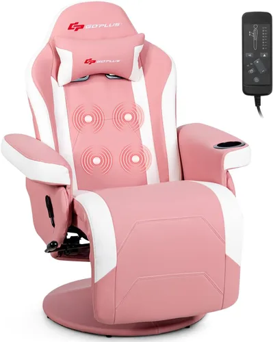 Vista 11 de Goplus - Silla gamer con masaje, altura ajustable, para videojuegos, con reposapiés retráctil, soporte para tazas, reposacabezas, silla giratoria
