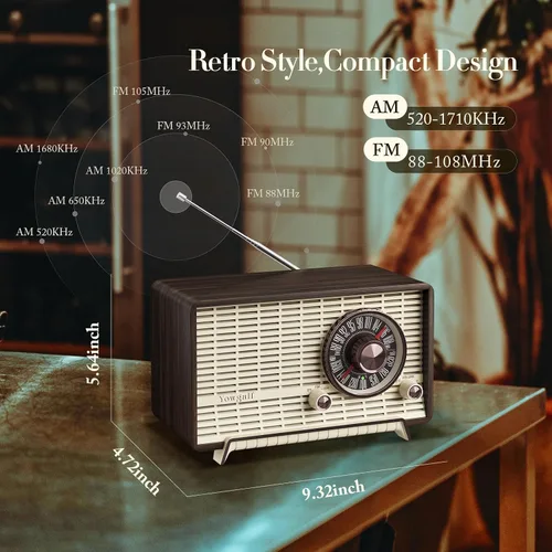 Vista 5 de YOWGUIF - Radio AM FM clásica retro de madera para mesa, altavoces Bluetooth, radios enchufables de pared con perilla giratoria, ideal para el hogar