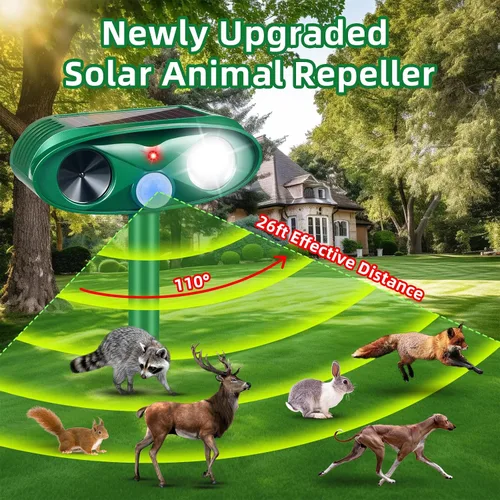 Vista 3 de Repelente solar ultrasónico de animales, repelente de animales activado por movimiento al aire libre, repelente de ciervos y gatos, IP65