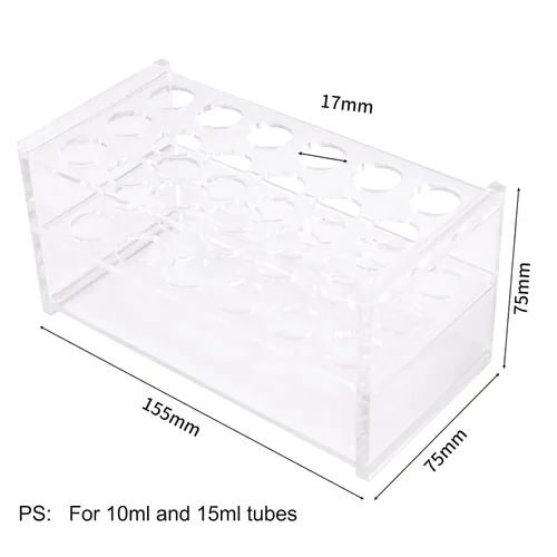 Vista 2 de RUIAN Soporte de tubo de ensayo de acrílico para laboratorio, 18 pocillos, 0.669 in de diámetro para tubos de centrífuga de 0.3 fl oz, transparente
