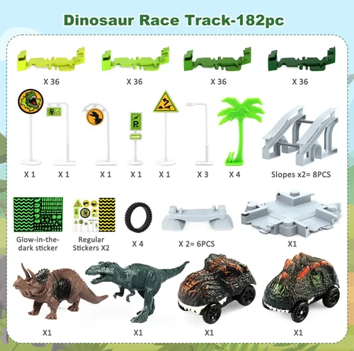 Vista 6 de Juguetes de dinosaurio para niños de 3 a 5 años, juego de pista de tren flexible que brilla en la oscuridad, 2 autos de dinosaurio para niños