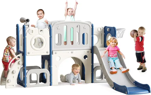 Vista 9 de Juego de toboganes 8 en 1 para niños pequeños, tobogán para niños pequeños, juego de tobogán escalador con aro de baloncesto, patio de juegos al