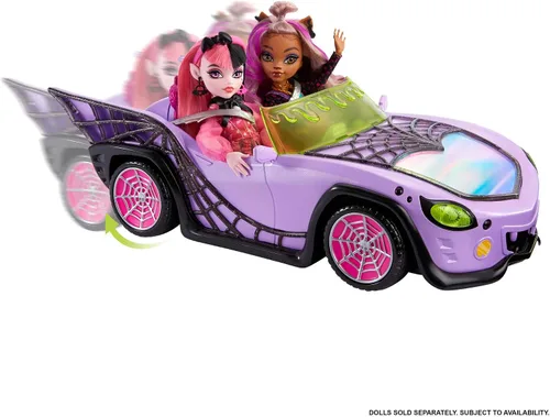 Vista 5 de Coche de juguete Monster High, vehículo Ghoul con accesorios para mascotas y enfriadores, convertible púrpura con detalles de telaraña
