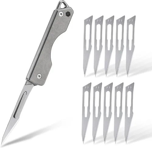 Vista 10 de KeyUnity KK01 Cuchillo plegable de titanio, cuchillo de bolsillo EDC con hoja reemplazable #24, para caza al aire libre, campamento, pesca