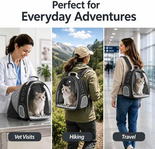 Vista 8 de Mochila expandible para gatos y perros, mochila de viaje para mascotas con ventana de burbujas con malla transpirable, estructura anticolapso, Negro