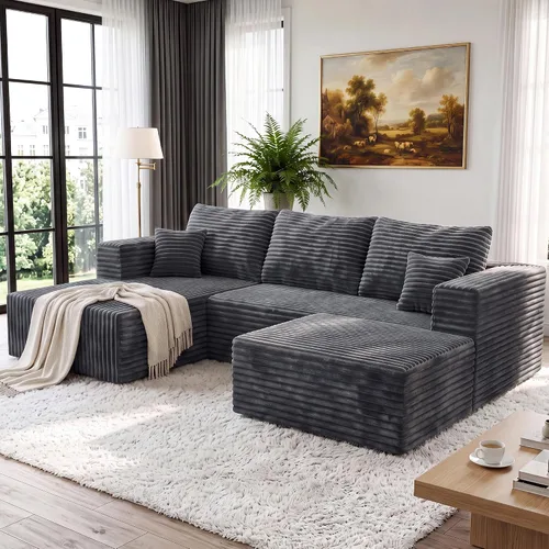 Vista 36 de Sofá modular en forma de L para sala de estar, sofá modular sin huesos con diván, sofá de pana con asiento profundo, no requiere montaje, negro