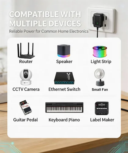 Vista 6 de Adaptador de fuente de alimentación de 9V 2A, adaptador universal de CA CC de 100-240V a CC 9V 2A/1A cable de alimentación con cable de 6 pies
