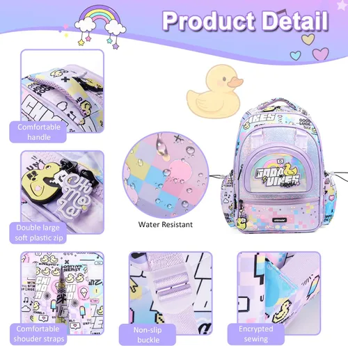 Vista 6 de Mochila de 16 pulgadas para niñas preescolar, jardín de infantes, escuela primaria, mochila escolar púrpura con múltiples bolsillos, ligera, Kawaii