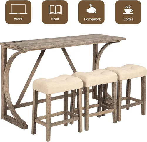 Vista 7 de Juego de mesa de barra de 59" de altura de mostrador con toma de corriente, mesa de desayuno industrial con 3 taburetes acolchados, juego de mesa