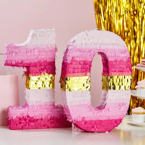 Vista 2 de BLUE PANDA Pinata Número Cero - Oro y Rosa para Niña de 10 Años - Rellenable con Dulces y Confeti para Fiesta de 10 Cumpleaños - Construcción