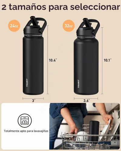 Vista 6 de TOURIT Botella de agua aislada de 32 onzas, botella de acero inoxidable con popote, aislamiento al vacío de doble pared para bebidas frías y Negro