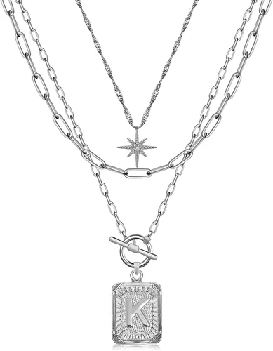 Vista 41 de MJartoria Collares con iniciales en capas para mujer, modernos, chapados en oro de 14 quilates, cadena de papel, collar sencillo con dije de Dorado