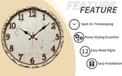 Vista 9 de Reloj de pared de madera envejecida blanco vintage con números tallados 9.8x9.8 in