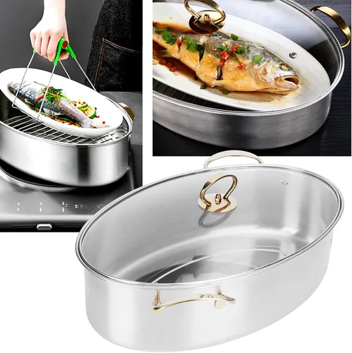 Vista 7 de Juego de ollas de vapor ovaladas de acero inoxidable 304, gran capacidad, olla de cocina casera con plato