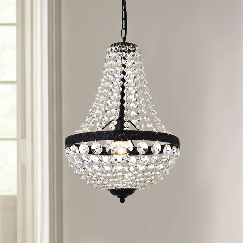 Vista 4 de Bestier Moderno imperio francés con acabado negro de granja, lámpara colgante de cristal de granja, lámpara LED de techo, lámpara de comedor, baño