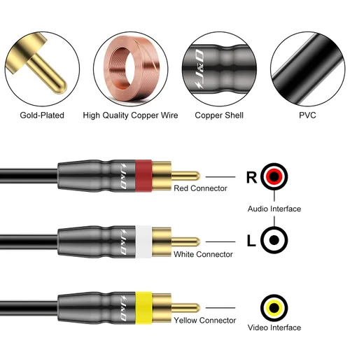 Vista 2 de J&D Cable 3RCA macho a macho de 3 pies, conectores chapados en oro, carcasa de cobre resistente, ideal para sistemas de entretenimiento en el hogar